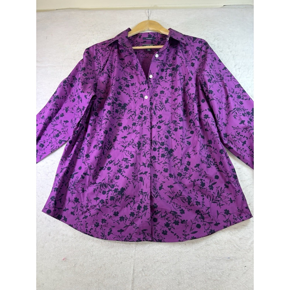 Lands' End Women's 18W Button-Up Top Purple Black Floral L/SL Cotton
